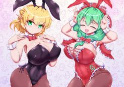 Rule 34 | 2girls, alternate costume, animal ears, armpits, arms up, black dress, blonde hair, blush, bow, bowtie, breasts, brown legwear, closed eyes, closed mouth, collarbone, commentary request, dollyspica, dress, eyes visible through hair, fake animal ears, fake tail, green eyes, green hair, hair between eyes, hands up, kagiyama hina, large breasts, leotard, looking at viewer, medium hair, mizuhashi parsee, multiple girls, open mouth, pantyhose, playboy bunny, pointy ears, purple background, rabbit ears, rabbit tail, red bow, red bowtie, red dress, red ribbon, ribbon, short hair, smile, standing, tail, touhou, white background, wrist cuffs