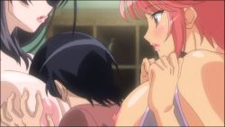 Rule 34 | 1boy, 2girls, animated, animated gif, black hair, blue hair, blush, bouncing breasts, bra, grabbing another&#039;s breast, breasts squeezed together, breast sucking, breasts, grabbing, huge breasts, kaya blanche, large breasts, long hair, morino yuuko, multiple girls, nipples, open mouth, purple eyes, red hair, short hair, tachibana ichirou, tan, tentacle and witches, underwear