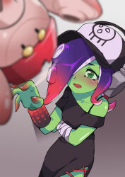 Rule 34 | 2girls, arm across waist, bandaged arm, bandages, baseball cap, black dress, blue hair, blush, bracelet, cephalopod eyes, colored skin, commentary, crown, dedf1sh, dress, drone, english commentary, floating, gomipomi, gradient hair, green eyes, green skin, hair over one eye, hat, headphones, headphones over headwear, highres, jewelry, long hair, multicolored hair, multiple girls, nintendo, no eyewear, non-humanoid robot, octoling, off-shoulder dress, off shoulder, one eye covered, open mouth, pearl drone (splatoon), reaching towards another, red-tinted eyewear, red hair, robot, short sleeves, single bare shoulder, splatoon (series), splatoon 3, splatoon 3: side order, suction cups, tentacle hair, tinted eyewear, two-tone hair