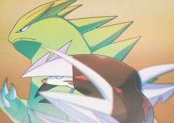 Rule 34 | bad id, bad twitter id, blurry, claws, closed mouth, commentary request, creatures (company), excadrill, fang, game freak, gen 2 pokemon, gen 5 pokemon, highres, looking at another, nintendo, no humans, pokemon, pokemon (creature), saiku (zvlku), tyranitar, upper body