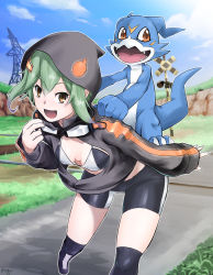 Rule 34 | 1girl, 1other, :d, absurdres, bike shorts, bikini, bikini top only, black bikini, black footwear, black jacket, black thighhighs, blue sky, boots, breasts, carrying, cleavage, cloud, commentary request, day, digimon, digimon (creature), digimon world re:digitize, gluteal fold, goggles, goggles around neck, green hair, hair between eyes, hair ornament, hanabusa (xztr3448), hand up, highres, hood, hood up, hooded jacket, jacket, knee boots, leaning forward, long sleeves, looking at viewer, medium breasts, open mouth, orange eyes, outdoors, partial commentary, partially unzipped, piggyback, print jacket, railroad signal, railroad tracks, shinomiya rina, short hair, short hair with long locks, sidelocks, signature, skindentation, sky, smile, standing, standing on one leg, stomach, swimsuit, thighhighs, transmission tower, two-tone bikini, v-mon, white bikini, x hair ornament
