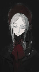 Rule 34 | 1girl, absurdres, ascot, black background, bloodborne, bonnet, cloak, closed mouth, colored skin, commentary, doll, expressionless, forehead, from software, grey hair, half-closed eyes, highres, looking down, medium hair, meru02295238, parted bangs, plain doll, red ascot, simple background, solo, upper body, variant set, white skin