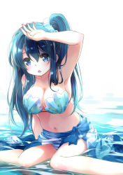 Rule 34 | 1girl, 54hao, :o, armpits, bare arms, bare shoulders, bikini, bikini bottom only, blue bikini, blue eyes, blue hair, blue sarong, blush, breasts, cleavage, collarbone, commentary request, feet out of frame, hair between eyes, highres, large breasts, long hair, looking at viewer, navel, one side up, open mouth, original, sarong, shell, shell bikini, sitting, solo, striped bikini, striped bikini bottom, striped clothes, swimsuit, very long hair, wariza, water, white background