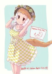 Rule 34 | 1girl, alternate costume, bare arms, black eyes, brown hair, commentary request, dated, dress, empty eyes, flower, gingham dress, hands on headwear, hat, hat flower, highres, japanese otter (kemono friends), kemono friends, looking at viewer, multicolored hair, nakashi masakumi, otter tail, pinafore dress, shirt, short hair, simple background, sleeveless dress, smile, solo, split mouth, tail, twitter username, two-tone hair, white hair, white shirt