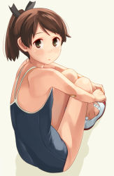 Rule 34 | 1girl, :o, armpits, back, bad id, bad pixiv id, bandaid, bandaid on arm, blue one-piece swimsuit, brown hair, clothes writing, competition school swimsuit, from behind, full body, hair ribbon, hugging own legs, kantai collection, legs together, looking at viewer, looking back, makio (makiomeigenbot), one-piece swimsuit, own hands together, parted bangs, ponytail, ribbon, school swimsuit, shikinami (kancolle), shoes, short hair, simple background, sitting, solo, surprised, swept bangs, swimsuit, uwabaki, white background