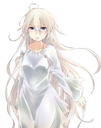 1girl absurdres ahoge blonde_hair blue_eyes crying crying_with_eyes_open dress hair_between_eyes highres ib_-instant_bullet- long_hair long_sleeves open_mouth sharm_(sharm0819) simple_background solo tears toiro_(instant_bullet) very_long_hair white_background white_dress