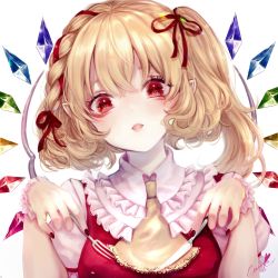 Rule 34 | 1girl, alternate hairstyle, ascot, blonde hair, blush, braid, commentary, crystal, curly hair, english commentary, eyebrows hidden by hair, fang, flandre scarlet, fork, frilled cuffs, frilled shirt collar, frills, hair ribbon, head tilt, heart, heart in eye, highres, holding, holding fork, holding knife, knife, kyogoku-uru, lace-trimmed ascot, looking at viewer, nail polish, one side up, open mouth, pointy ears, puffy short sleeves, puffy sleeves, red eyes, red nails, red ribbon, red vest, ribbon, shirt, short hair, short sleeves, side braid, sidelocks, signature, simple background, skin fang, slit pupils, solo, symbol in eye, touhou, upper body, vest, white background, white shirt, wings, wrist cuffs, yellow ascot