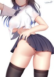 Rule 34 | 1girl, ass, back, black hair, black thighhighs, blush, breasts, butt crack, crop top, crop top overhang, head out of frame, highres, long hair, looking back, midriff, miniskirt, no bra, no panties, original, pleated skirt, school uniform, shirt, short sleeves, signature, simple background, skirt, smile, solo, thighhighs, thighs, underboob, white background, white shirt, wsman