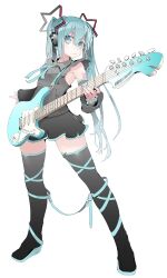 Rule 34 | 1girl, absurdres, aqua eyes, aqua hair, aqua nails, black footwear, black shirt, black skirt, black sleeves, boots, closed mouth, collared shirt, commentary request, electric guitar, full body, guitar, hair between eyes, hair ornament, hatsune miku, headphones, highres, holding, holding instrument, instrument, kogaara, long hair, looking at viewer, number tattoo, shirt, shoulder tattoo, skirt, sleeveless, sleeveless shirt, solo, standing, tattoo, thigh boots, thighhighs, twintails, vocaloid, white background, zettai ryouiki