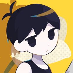 Rule 34 | 1boy, black eyes, black hair, black tank top, closed mouth, colored skin, expressionless, holding, holding knife, knife, looking at viewer, omori, omori (omori), solo, sr ld fr, tank top, upper body, white skin