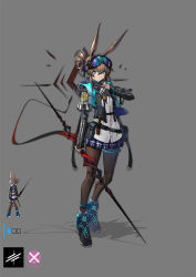 Rule 34 | 1girl, alternate costume, alternate hairstyle, amiya (arknights), animal ears, arknights, artist name, bandana, belt, belt pouch, blue skirt, character sheet, chinese commentary, commentary request, corrupted metadata, folded ponytail, full body, goggles, goggles on head, grey background, hair up, highres, jacket, jewelry, long sleeves, looking at viewer, mahousho, miniskirt, multiple rings, multiple views, pleated skirt, polearm, pouch, rabbit ears, ring, shoes, sidelocks, simple background, skirt, sneakers, spear, standing, thighlet, watermark, weapon