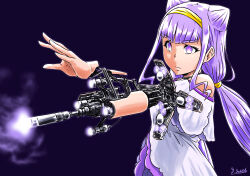 Rule 34 | 1girl, artist name, black background, blouse, blunt bangs, closed mouth, clothing cutout, commentary request, cone hair bun, double bun, energy gun, frown, hair bun, hairband, highres, hugtto! precure, long hair, looking to the side, low twintails, precure, purple eyes, purple hair, ruru amour, satou yasu, shirt, short sleeves, shoulder cutout, signature, solo, standing, symbol-shaped pupils, twintails, very long hair, weapon, white shirt, yellow hairband