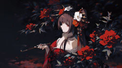 Rule 34 | 1girl, absurdres, branch, breasts, brown hair, cleavage, collarbone, floral print, flower, from side, hair ornament, hair rings, highres, holding, holding smoking pipe, japanese clothes, kanzashi, kimono, long bangs, long hair, looking at viewer, mechari, medium breasts, nail polish, off shoulder, original, print kimono, red eyes, red flower, red kimono, red nails, sidelocks, smoke trail, smoking pipe, solo, tassel, tree, upper body