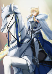 Rule 34 | 1girl, absurdres, armor, artoria pendragon (fate), artoria pendragon (lancer) (fate), blonde hair, braid, breastplate, breasts, cape, crown braid, dun stallion (fate), eyebrows hidden by hair, fate/grand order, fate (series), fur trim, glowing, glowing eyes, green eyes, highres, holding, holding polearm, holding weapon, horse, horseback riding, large breasts, lion king (lancer) (fate), polearm, revealing clothes, rhongomyniad (fate), riding, solo, spear, weapon, white cape, yoo tenchi