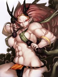 Rule 34 | 1girl, abs, angry, bracelet, breasts, brown hair, cameltoe, covered erect nipples, eyeshadow, female focus, fumio (rsqkr), fundoshi, hikimayu, horns, japanese clothes, jewelry, large breasts, loincloth, long hair, makeup, muscular, muscular female, navel, oboro muramasa, oni, pointy ears, raijin (oboro muramasa), red eyes, shawl, smoke, solo, thick thighs, thighs