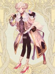 Rule 34 | 1boy, ame tyaya, basket, belt pouch, black pants, black ribbon, blonde hair, bridal garter, coat, cross-laced clothes, curled horns, dairoku ryouhei, flower, flower ornament, frilled jacket, frilled sleeves, frills, full body, fur-trimmed coat, fur trim, gem, gold trim, hair flower, hair ornament, hands up, head wings, high heels, holding, holding basket, holding gem, horns, jacket, leaning forward, long sleeves, looking at viewer, male focus, mole, mole under eye, multiple moles, nail polish, neck ribbon, open clothes, open jacket, padded coat, pants, parted lips, pink coat, pink eyes, pink footwear, pink jacket, pink nails, pouch, ribbon, sheep boy, sheep horns, short hair, sleeves past wrists, smile, solo, standing, stiletto heels, swept bangs, tail, teeth, themed object, thick eyebrows, tsuyuri atsumu, upper teeth only, wings, yellow background