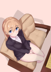 Rule 34 | 1girl, absurdres, amen, beige background, between legs, black jacket, blue eyes, breasts, breasts squeezed together, character request, collared shirt, couch, from above, hair between eyes, hand between legs, highres, jacket, long hair, long sleeves, looking at viewer, looking up, miniskirt, on couch, pleated skirt, shadow, shirt, simple background, sitting, skirt, smile, solo, table, thighs, v arms, white shirt