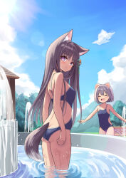 Rule 34 | 2girls, animal ear fluff, animal ears, ass, bench, blue one-piece swimsuit, blush, breasts, brown hair, cat ears, cat girl, cat tail, cloud, dog ears, dog tail, fountain, from behind, highres, long hair, looking at viewer, looking back, multiple girls, one-piece swimsuit, open mouth, original, outdoors, pink eyes, school swimsuit, short hair, sky, small breasts, smile, standing, swimsuit, tail, tenjou ryuka, thighs, wading, water