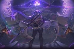 Rule 34 | 1girl, artist request, ass, braid, electricity, floating hair, genshin impact, glowing, glowing eye, highres, holding, holding weapon, looking back, purple clouds, purple hair, purple thighhighs, raiden shogun, rock, rooftop, scenery, staff, stairs, temple, thighhighs, weapon