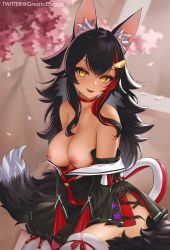 Rule 34 | 1girl, absurdres, animal ear fluff, animal ears, black hair, breasts, breasts out, choker, clothes pull, greatodoggo, hair ornament, hairclip, highres, hololive, large breasts, long hair, looking at viewer, multicolored hair, nipples, ookami mio, ookami mio (1st costume), open mouth, red choker, red hair, red skirt, shirt pull, skirt, smile, solo, streaked hair, tail, thighhighs, twitter username, very long hair, virtual youtuber, white hair, white thighhighs, wolf ears, wolf tail, yellow eyes