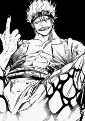 Rule 34 | 1boy, abs, belt, chief (chiefvinsmoke), commentary request, eustass kid, goggles, highres, lipstick, looking at viewer, makeup, male focus, middle finger, monochrome, muscular, muscular male, nail polish, one piece, pants, pectorals, scar, scar on face, shirt, short hair, sitting, smirk, solo, teeth
