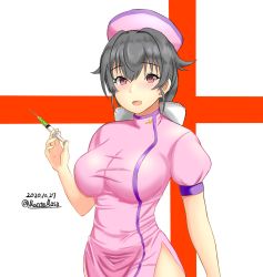 Rule 34 | 1girl, alternate costume, black hair, breasts, cowboy shot, dated, dress, hair flaps, hat, jingei (kancolle), kantai collection, large breasts, long hair, looking at viewer, low ponytail, montemasa, nurse, nurse cap, pink dress, red eyes, side slit, solo, syringe, twitter username, two-tone background, white background
