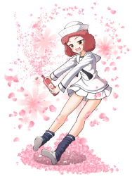 Rule 34 | 1girl, :3, :d, beer bottle, blouse, blue neckerchief, blue socks, blush stickers, bottle, cherry blossoms, commentary, cork, curly hair, dixie cup hat, girls und panzer, hat, highres, holding, holding bottle, leaning forward, loafers, long sleeves, loose socks, military hat, miniskirt, neckerchief, ooarai naval school uniform, open mouth, pleated skirt, rebirth42000, red eyes, red hair, rum (girls und panzer), sailor, sailor collar, school uniform, shadow, shirt, shoes, short hair, single horizontal stripe, skirt, smile, socks, solo, spray, standing, white background, white footwear, white hat, white shirt, white skirt