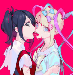 Rule 34 | 2girls, ame-chan (needy girl overdose), black eyes, black hair, blonde hair, blue bow, blue eyes, blue hair, blunt bangs, bow, bowtie, breasts, censored, chouzetsusaikawa tenshi-chan, dual persona, french kiss, from side, hair bow, hair ornament, heart, highres, kiss, long hair, looking at viewer, mosaic censoring, multicolored hair, multiple girls, needy girl overdose, official art, ohisashiburi, open mouth, pink background, pink bow, pink hair, quad tails, school uniform, simple background, small breasts, star (symbol), teeth, tongue, tongue out, upper teeth only, white bow, white bowtie, x hair ornament, yami kawaii, yuri