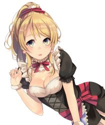 Rule 34 | 10s, 1girl, alternate costume, apron, ayase eli, black dress, blonde hair, blue eyes, breasts, cleavage, dress, earrings, enmaided, gradient eyes, highres, jewelry, lips, looking at viewer, love live!, love live! school idol festival, love live! school idol project, maid, maid apron, miu91 (miu91 ), multicolored eyes, neck ribbon, open mouth, ponytail, puffy short sleeves, puffy sleeves, ribbon, scrunchie, short dress, short sleeves, simple background, solo, waist apron, white background, yellow eyes