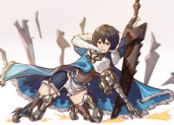 Rule 34 | 1girl, absurdres, armor, belt, black hair, cape, celliera, dragalia lost, gauntlets, highres, holding, holding weapon, ice dacapo, short hair, solo, sword, thighhighs, weapon
