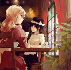 Rule 34 | 3girls, blonde hair, bow, brown eyes, brown hair, chair, changeability of strange dream, cup, curtains, dress, female focus, fujiwara no mokou, hair bow, hat, hat ribbon, indoors, lamp, leaf, long hair, looking at another, maribel hearn, md5 mismatch, multiple girls, nakatani, no headwear, open mouth, profile, resolution mismatch, ribbon, short hair, silver hair, sitting, skirt, source larger, table, teacup, teapot, touhou, usami renko, window