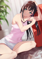 Rule 34 | 1girl, :d, absurdres, arm support, bare legs, black hair, blunt bangs, blush, breasts, camisole, couch, dutch angle, green eyes, grey shorts, grin, highres, indoors, kurosawa dia, long hair, looking at viewer, love live!, love live! sunshine!!, mole, mole under mouth, on floor, open mouth, shorts, sitting, sleeveless, small breasts, smile, solo, strapless, yamaori (yamaorimon), yokozuwari