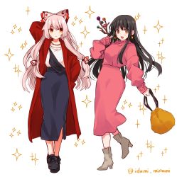 Rule 34 | 2girls, absurdres, alternate costume, arm up, artist name, bag, black hair, blue skirt, boots, bow, breasts, brown eyes, closed mouth, collar, collared jacket, dress, earrings, fujiwara no mokou, grey footwear, hair between eyes, hair bow, hand up, highres, houraisan kaguya, izumi minami, jacket, jewelry, long hair, long sleeves, looking at another, looking at viewer, medium breasts, multicolored bow, multiple girls, necklace, open mouth, pink dress, pink hair, puffy long sleeves, puffy sleeves, red bow, red eyes, red jacket, shirt, skirt, smile, standing, star (symbol), starry background, t-shirt, touhou, treasure, white background, white bow, white shirt, yellow bag