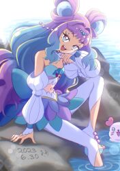 Rule 34 | 1girl, absurdres, blue eyes, blue hair, blue nails, choker, colored eyelashes, cure la mer, dated, day, eyelash ornament, gradient hair, heart, heart in eye, highres, kururun (precure), laura la mer, layered skirt, leggings, long hair, looking at viewer, magical girl, mismatched eyelashes, multicolored eyes, multicolored hair, nail polish, navel, ocean, open mouth, pearl hair ornament, pink eyes, pink hair, precure, rock, sitting, skirt, smile, symbol in eye, thick eyelashes, tropical-rouge! precure, very long hair, water, white choker, white leggings, white sleeves, zerolay