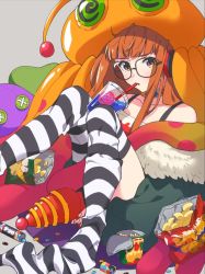 Rule 34 | 1girl, alien, alien costume, bare shoulders, black tank top, black vest, blunt bangs, button eyes, buttons, candy, chips (food), chocolate, coat, cup, drink, drinking straw, drinking straw in mouth, energy gun, food, fur-trimmed coat, fur trim, glasses, green coat, gun, headphones, hime cut, holding, holding gun, holding toy, holding weapon, legs up, long hair, loose thighhigh, off-shoulder shirt, off shoulder, open mouth, orange hair, persona, persona 5, potato chips, ray gun, sakura futaba, shirt, slushie, snack, solo focus, spill, striped clothes, striped thighhighs, stuffed toy, sweets, t-shirt, tank top, tentacles, thighhighs, toy, toy gun, vest, wadaiez, weapon, white shirt