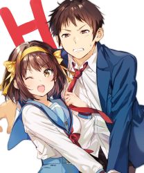 Rule 34 | 1boy, 1girl, :d, bad id, bad pixiv id, blue jacket, blue sailor collar, blue skirt, blurry, blurry background, blush, brown eyes, brown hair, brown pants, clenched teeth, collared shirt, commentary request, depth of field, hair ribbon, hairband, highres, holding, jacket, kita high school uniform, kyon, long sleeves, looking at viewer, mery (yangmalgage), neckerchief, necktie, necktie grab, neckwear grab, one eye closed, open clothes, open jacket, open mouth, orange hairband, pants, red neckwear, ribbon, round teeth, sailor collar, school uniform, serafuku, shirt, short hair, signature, simple background, skirt, smile, standing, suzumiya haruhi, suzumiya haruhi no yuuutsu, sweatdrop, teeth, upper body, white background, white shirt, wing collar, yellow hairband, yellow ribbon