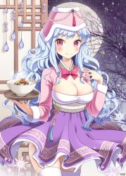 Rule 34 | 1girl, bad id, bad pixiv id, blue hair, bowl, breasts, cleavage, food, hat, large breasts, linus falco, long hair, looking at viewer, red eyes, ribbon, smile, snowflakes, solo, sword girls, thighhighs, tobi (mue86), tray, wavy hair
