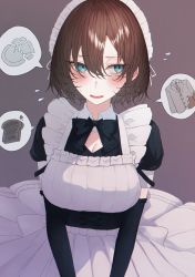 Rule 34 | 1girl, absurdres, alternate costume, black bow, black bowtie, black gloves, blue eyes, blush, bow, bowtie, breasts, brown background, brown hair, cleavage, clumsy, elbow gloves, enmaided, gloves, highres, hisamichi (hisamichi1373), large breasts, maid, maid headdress, original, puffy short sleeves, puffy sleeves, short sleeves, skirt, speech bubble, sweatdrop, white skirt