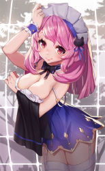 Rule 34 | 1girl, :q, arm up, bad id, bad pixiv id, breast hold, breasts, cowboy shot, dress, garter straps, gradient background, hairband, long hair, looking at viewer, original, pink hair, short dress, smile, solo, strap slip, striped, striped background, thighhighs, tongue, tongue out, white thighhighs, whoisshe, wrist cuffs