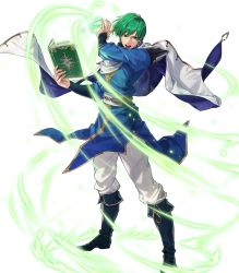 Rule 34 | 1boy, belt, book, boots, cape, ced (fire emblem), fire emblem, fire emblem: genealogy of the holy war, fire emblem heroes, full body, green eyes, green hair, highres, holding, holding book, male focus, matching hair/eyes, nintendo, official art, open mouth, solo, suda ayaka, teeth, transparent background, wind
