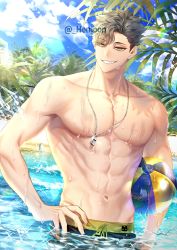 Rule 34 | 1boy, abs, bad id, bad twitter id, ball, beach, black hair, blue sky, cloud, commentary, day, drawstring, grin, haikyuu!!, hair over one eye, hand on own hip, hemoon, holding, holding ball, kuroo tetsurou, looking at viewer, male focus, male swimwear, male underwear, navel, ocean, outdoors, palm tree, partially submerged, pectorals, sky, smile, solo, summer, swim trunks, swimsuit, symbol-only commentary, teeth, toned, toned male, topless male, tree, twitter username, underwear, volleyball, volleyball (object), water, wet, whistle, whistle around neck, yellow eyes, yellow male swimwear, yellow swim trunks