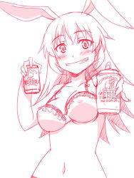 Rule 34 | 1girl, alcohol, animal ears, bad id, bad pixiv id, beer, beer can, blush, bra, can, charlotte e. yeager, drink can, grin, lingerie, long hair, monochrome, navel, product placement, rabbit ears, rabbit girl, rutarou, sketch, smile, solo, strike witches, underwear, world witches series, yebisu