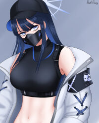 Rule 34 | 1girl, absurdres, baek rang, bare shoulders, baseball cap, black hat, black shirt, blue archive, blue eyes, blue hair, blunt bangs, breasts, coat, commentary request, crop top, grey background, hat, head tilt, highres, large breasts, long hair, long sleeves, looking at viewer, mask, midriff, mouth mask, navel, off shoulder, open clothes, open coat, saori (blue archive), shirt, simple background, sleeveless, sleeveless shirt, solo, stomach, upper body, white coat