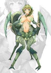 Rule 34 | 1girl, absurdres, arthropod girl, braid, breasts, convenient censoring, green eyes, green hair, highres, large breasts, mantis girl, monster girl, navel, scales, shitoi (aqua1487), solo, taur