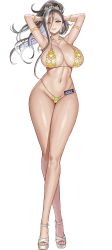 Rule 34 | 1girl, areola slip, armlet, arms behind head, bikini, blue eyes, breasts, brown hair, cameltoe, character name, clothing cutout, collarbone, crossed legs, deconstructor azaz, earrings, full body, game cg, gold bikini, gold earrings, hair between eyes, heart, heart necklace, high heels, highres, huge breasts, jewelry, last origin, legs, linea alba, long hair, looking at viewer, micro bikini, multicolored hair, name tag, navel, navel piercing, necklace, nipples, official alternate costume, official art, parted lips, piercing, ponytail, simple background, smile, solo, strappy heels, streaked hair, string bikini, swimsuit, tachi-e, taesi, tiara, transparent background, white footwear, white hair, wide hips
