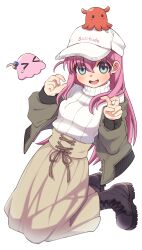 Rule 34 | &gt; &lt;, 1girl, absurdres, baseball cap, blue eyes, blush, bocchi the rock!, boots, full body, gotoh hitori, gotoh hitori (octopus), hat, highres, jacket, long hair, long skirt, long sleeves, looking at viewer, off shoulder, open mouth, pink hair, shaketampe, skirt, smile, solo, sweater, sweater tucked in, turtleneck, turtleneck sweater, v, very long hair