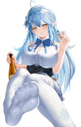 Rule 34 | 1girl, absurdres, ahoge, alcohol, bare shoulders, blue hair, blush, bottle, bow, bowtie, braid, breasts, cleavage, cleavage cutout, clothing cutout, corset, cup, earrings, elf, feet, flower, foot focus, hair flower, hair ornament, half updo, hat, heart, heart ahoge, highres, holding, holding bottle, holding cup, hololive, huge filesize, jewelry, large breasts, liquid, long hair, open mouth, pointy ears, roina (effj7473), simple background, sleeveless, snowflake earrings, snowflake print, solo, thighhighs, v-shaped eyebrows, virtual youtuber, white background, yellow eyes, yukihana lamy