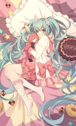 Rule 34 | 1girl, absurdly long hair, alternate costume, bad id, bad pixiv id, bed sheet, blouse, blue eyes, blue hair, bow, cookie, dress, food, frilled kneehighs, frills, full body, hair ornament, hair scrunchie, hatsune miku, head on pillow, holding, holding stuffed toy, kaanaa, kneehighs, light blue hair, lol -lots of laugh- (vocaloid), long hair, looking at viewer, loose socks, lying, messy hair, on bed, on side, pillow, pink bow, pink shirt, puffy sleeves, rabbit, school uniform, scrunchie, serafuku, shirt, single sock, socks, star (symbol), stuffed animal, stuffed rabbit, stuffed toy, thigh strap, twintails, very long hair, vocaloid, wavy hair, wavy mouth, white dress