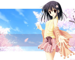 Rule 34 | 1girl, bow, brown eyes, cherry blossoms, cloud, female focus, flower, nanao naru, open mouth, short hair, skirt, sky, solo, sweater, wallpaper
