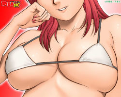 Rule 34 | 1girl, action pizazz, bikini, bikini top only, breast focus, breasts, cleavage, close-up, head out of frame, large breasts, official art, official wallpaper, red hair, saigado, solo, swimsuit, wallpaper, white bikini